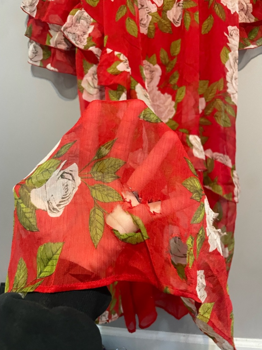 ZaraRed Floral Maxi Dress with Ruffled Sleeves FLAWED - Picture 7 of 8